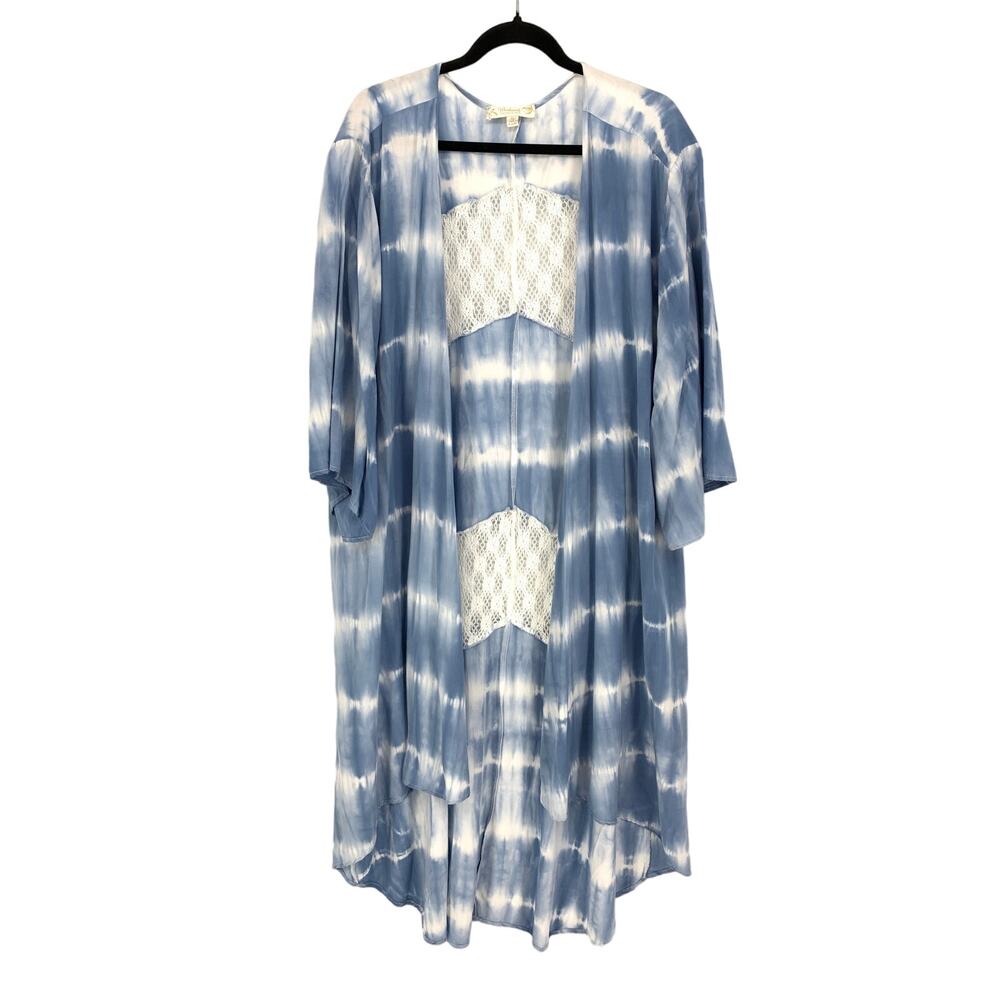 Weekend By Suzanne Bertro Kimono Womens 4X Tie Dye Blue White Striped Lace Inset
